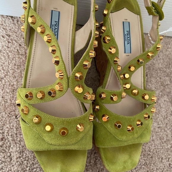 Prada- Lime Green Gold Studded Sandal with Cork wedge heel - Picture 7 of 8